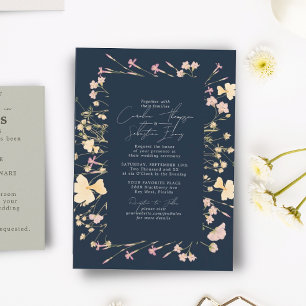 Boho Wildflowers Frame Navy Wedding Invitation