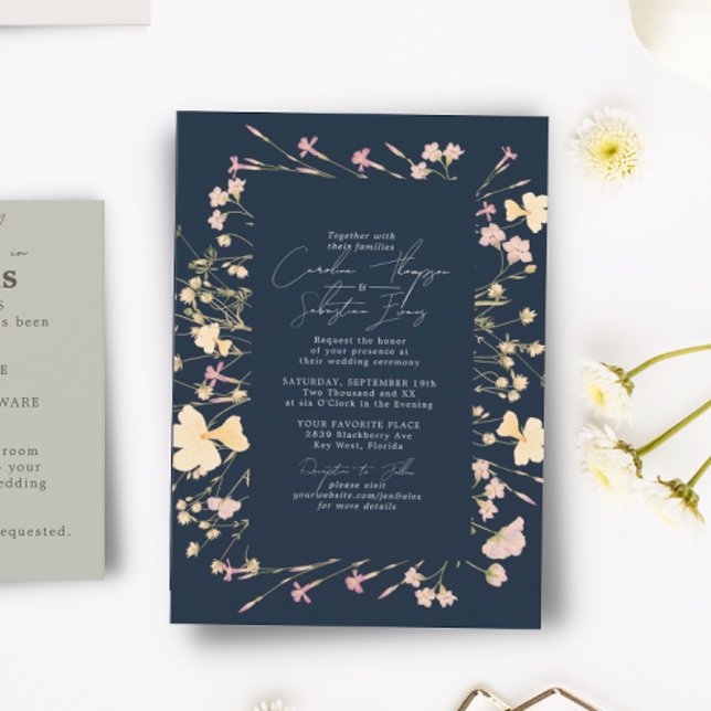 Boho Wildflowers Frame Navy Wedding  Invitation (Creator Uploaded)