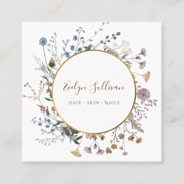 Boho wildflowers gold circle business card (Front)
