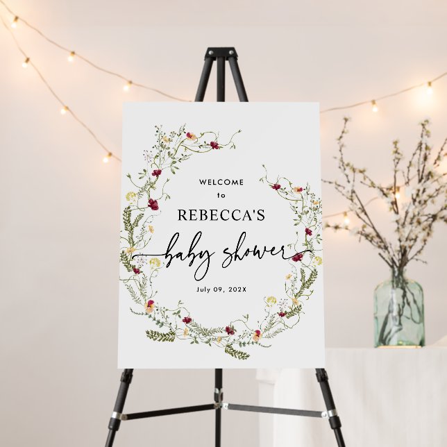 Boho Wildflowers Greenery Baby Shower Welcome Sign (In Situ (Stand))
