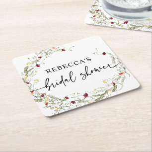 Boho Wildflowers Greenery Bridal Shower  Square Paper Coaster