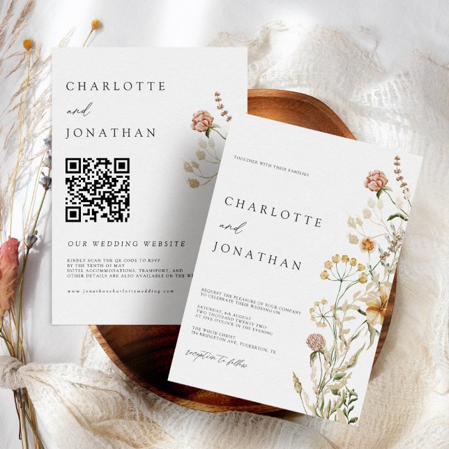 Boho Wildflowers Minimal QR Code Wedding Invitation (Creator Uploaded)