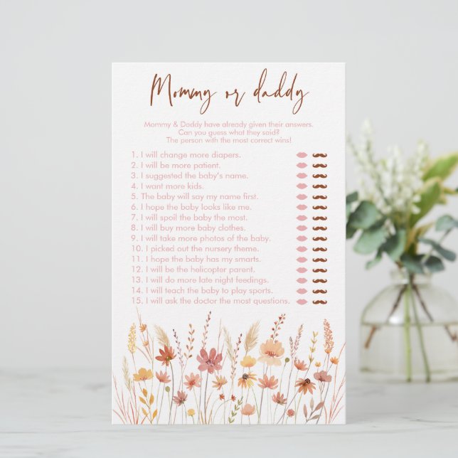 Boho Wildflowers Mommy or Daddy Baby Shower Game (Standing Front)