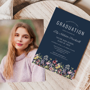 Boho Wildflowers Navy Blue Photo Graduation Invitation