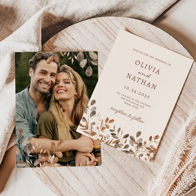Boho Wildflowers | Neutral with Photo Wedding Invitation (A boho wedding invitation with watercolor wildflowers and your photo, in a neutral color scheme)