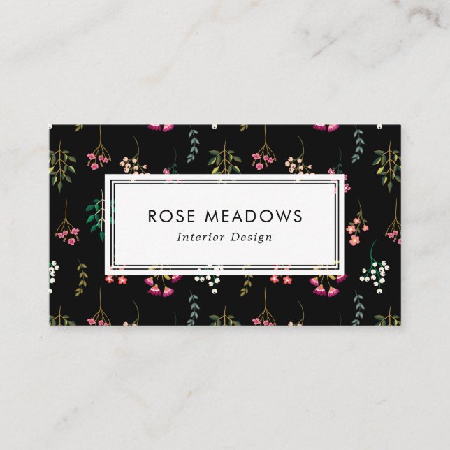 Boho Wildflowers Pattern Black Business Card (Front)