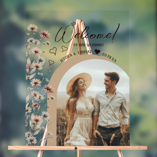 Boho Wildflowers Photo Arch Wedding Welcome Clear Acrylic Sign (Neutral)