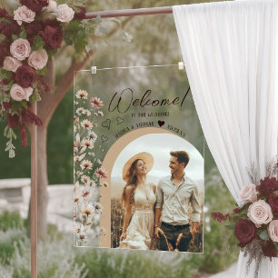 Boho Wildflowers Photo Arch Wedding Welcome Clear Acrylic Sign