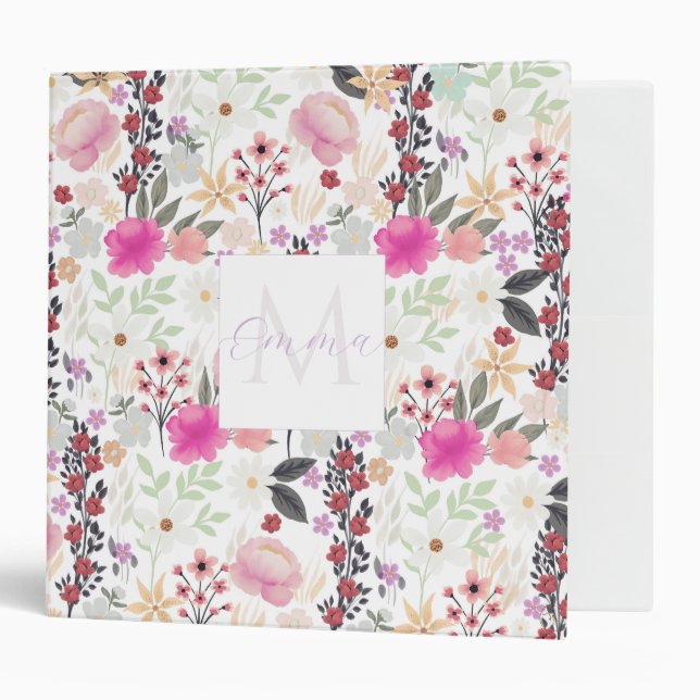Boho Wildflowers Pink Floral 3 Ring Binder (Front/Inside)