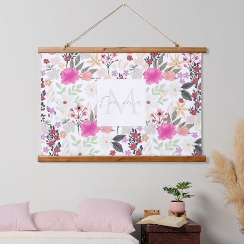 Boho Wildflowers Pink Floral Hanging Tapestry