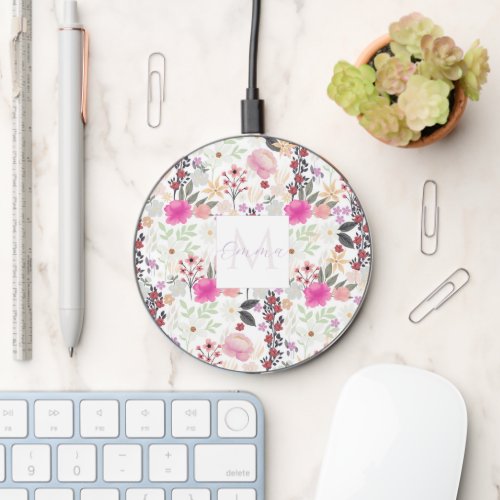 Boho Wildflowers Pink Floral Wireless Charger