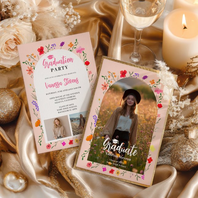 Boho wildflowers Pink Garden photos graduation Invitation (Boho wildflowers Pink Garden photos graduation Invitation)