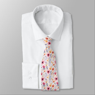 Boho Wildflowers Pink Purple Orange Beige Floral Neck Tie