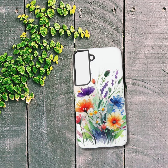 Boho Wildflowers Purple Blue Yellow Orange Flowers Samsung Galaxy Case (Wildflowers Blue Purple Orange Flowers with Greenery Floral Watercolor Samsung phone case)