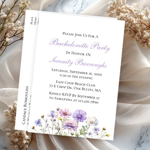 Boho Wildflowers Purple Floral Bachelorette Party Invitation Postcard