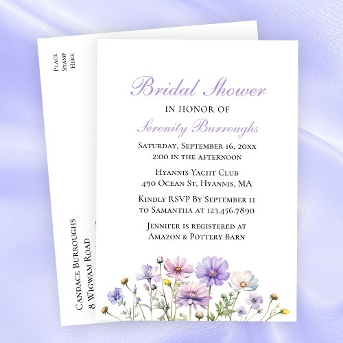 Boho Wildflowers Purple Floral Bridal Shower Invitation Postcard