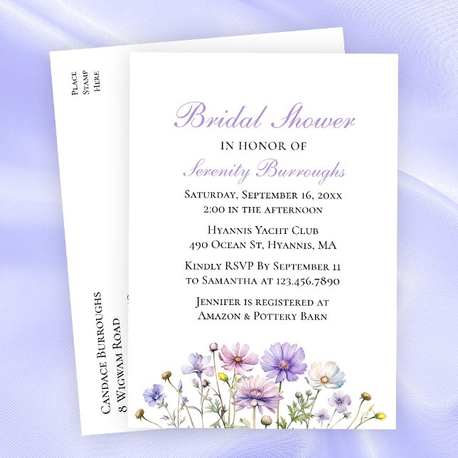 Boho Wildflowers Purple Floral Bridal Shower Invitation Postcard (Creator Uploaded)
