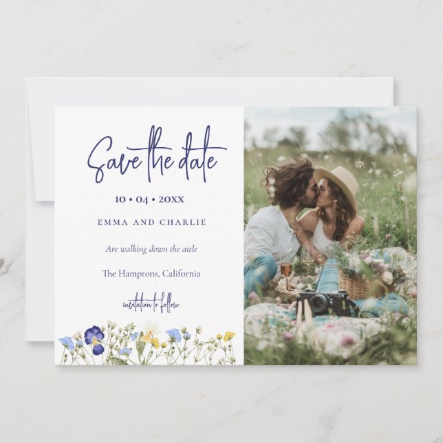 Boho Wildflowers QR Code Elegant Photo Wedding Save The Date (Front)
