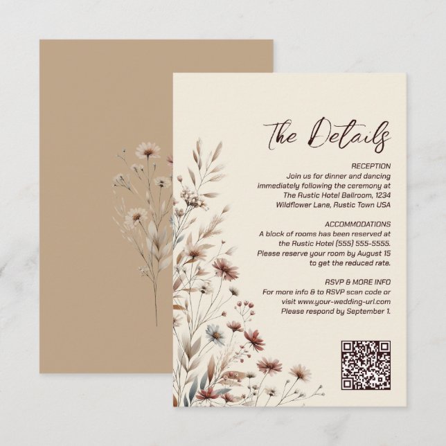 Boho Wildflowers QR Code Wedding Details Small Enclosure Card (Front/Back)