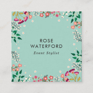 Boho Wildflowers - Robin's Egg Blue Square Business Card