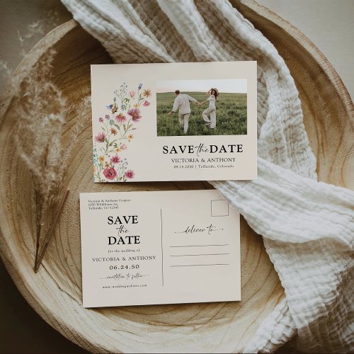 Boho Wildflowers Save The Date with Photo Postcard