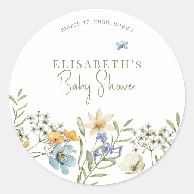 Boho wildflowers spring baby shower personalized classic round sticker (Front)
