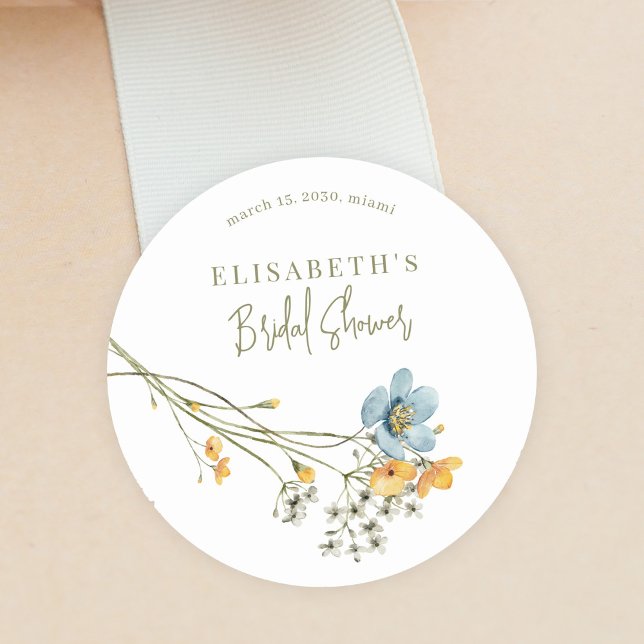 Boho wildflowers spring bridal shower personalized classic round sticker (Creator Uploaded)