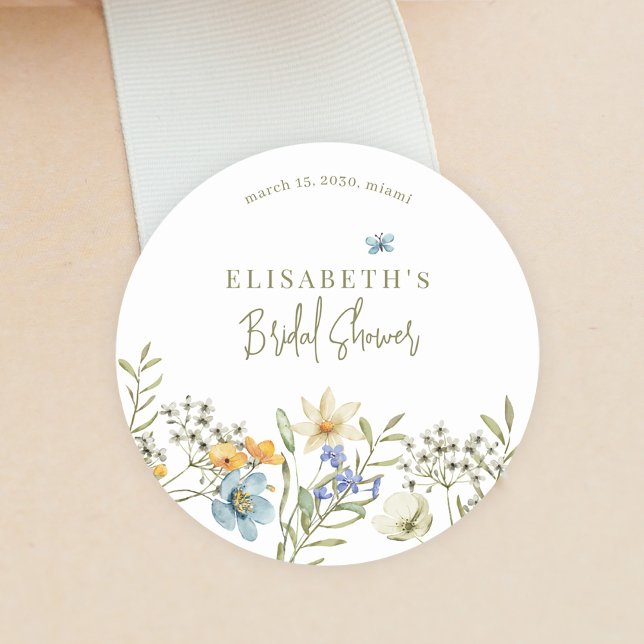 Boho wildflowers spring bridal shower personalized classic round sticker (Creator Uploaded)