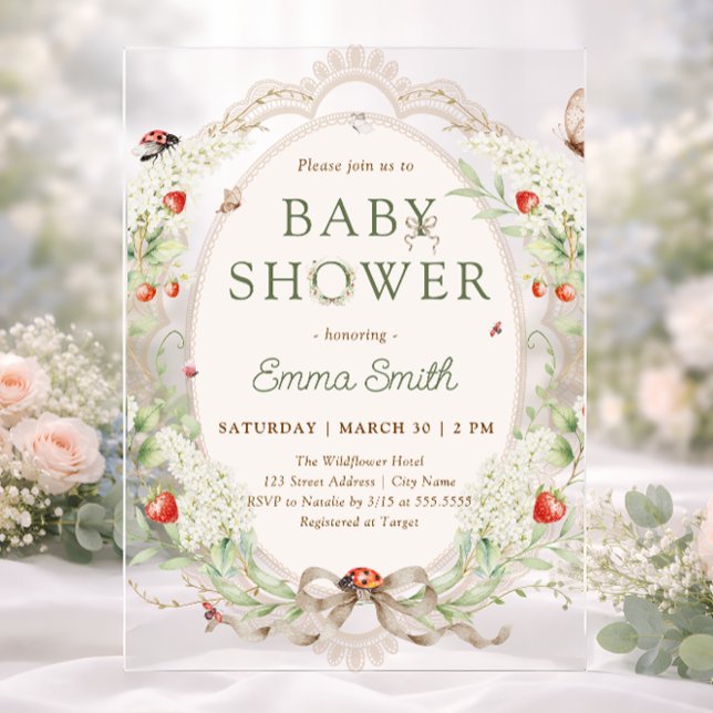 Boho Wildflowers Strawberry Baby Shower Acrylic Invitations (Creator Uploaded)