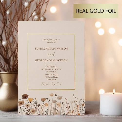 Boho Wildflowers Terracotta Gold Wedding Foil Invitation