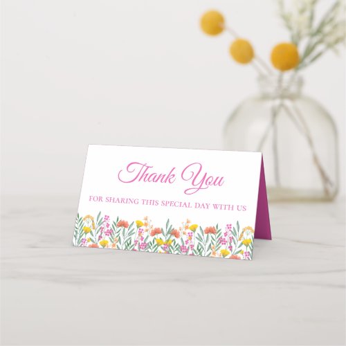 Boho Wildflowers Thank You Pink Wedding Floral  Place Card