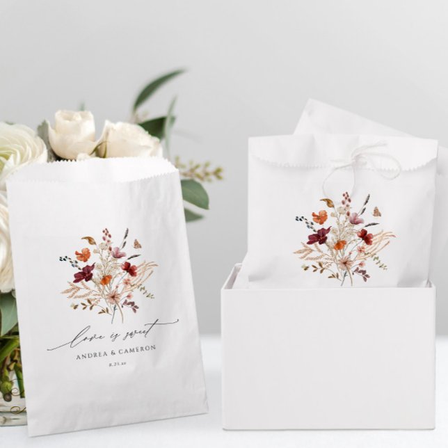 Boho Wildflowers Vintage Fall Wedding Favor Bag (Wildflower Wedding Favor Bags for a Fall Wedding - Vintage Bouquet - Love is Sweet)