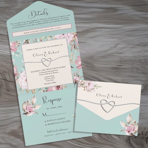 Boho Wildflowers Watercolor Floral Pink Wedding All In One Invitation