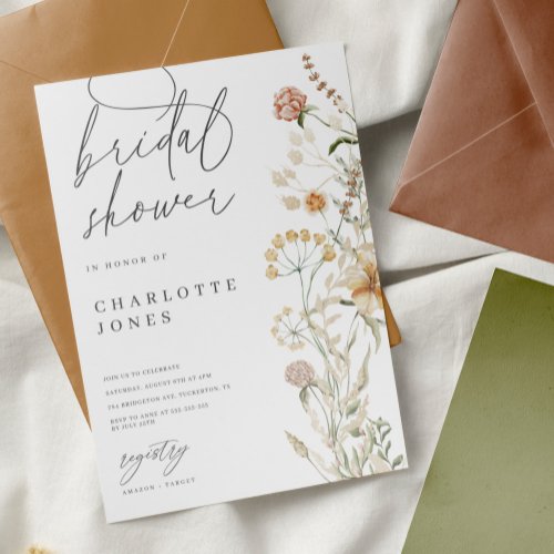 Boho Wildflowers Watercolor Minimal Bridal Shower Invitation
