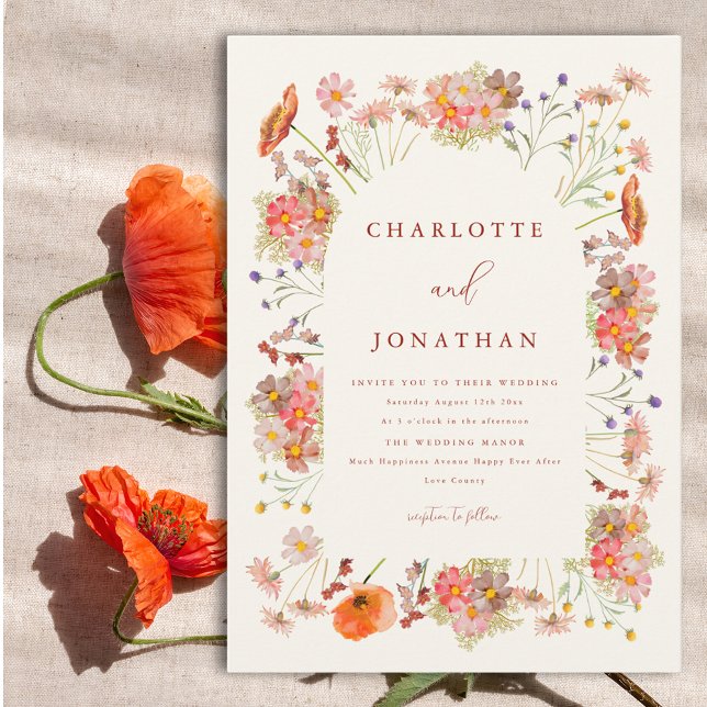 Boho Wildlower Fall Wedding Invitation (Modern wildflower wedding invitation with floral watercolor arch)