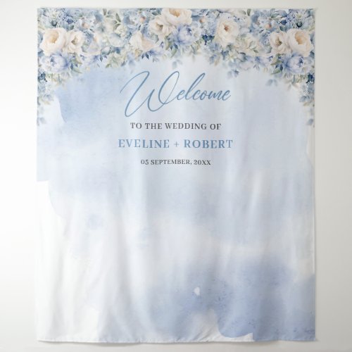 Boho winter blue ivory floral eucalyptus Wedding Tapestry
