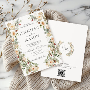 Boho Winter Christmas Gold Floral Wreath Wedding Invitation