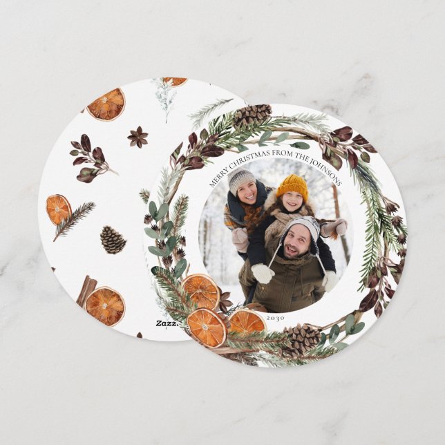 Boho Winter Citrus Round Photo  Holiday Card (Front/Back)