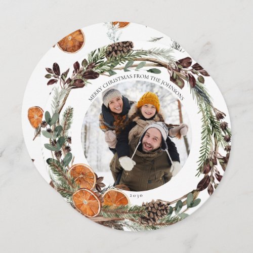 Boho Winter Citrus Round Photo  Holiday Card