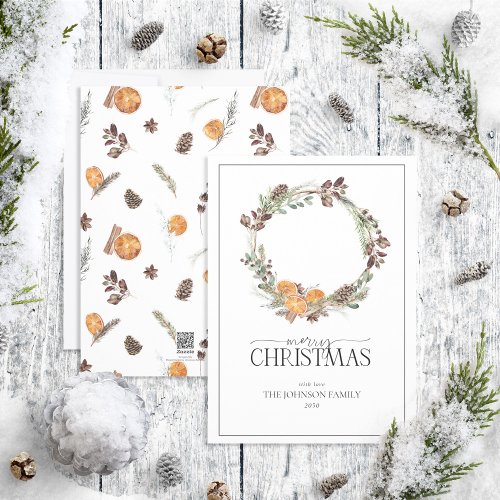 Boho Winter Citrus Wreath Merry Christmas Script H Holiday Card