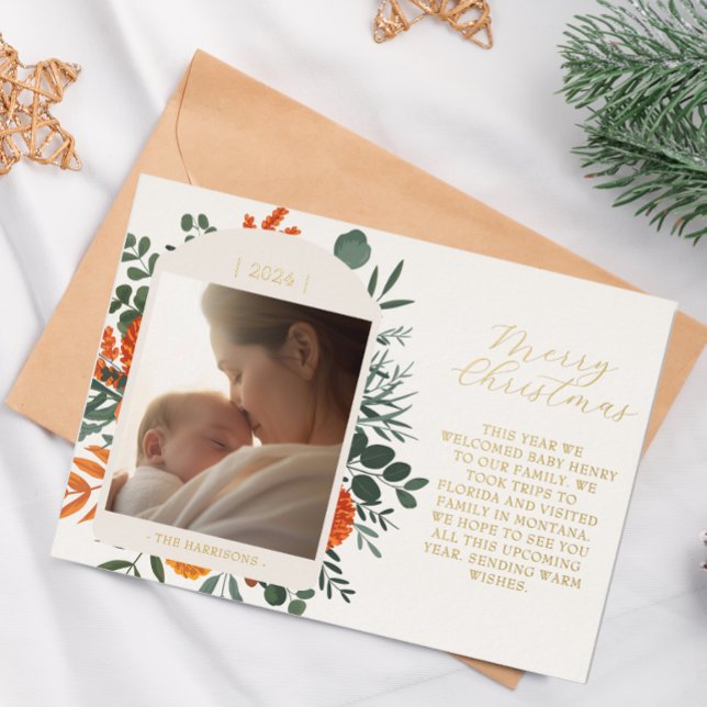 Boho Winter Floral Long Message Christmas Foil Holiday Card (Creator Uploaded)