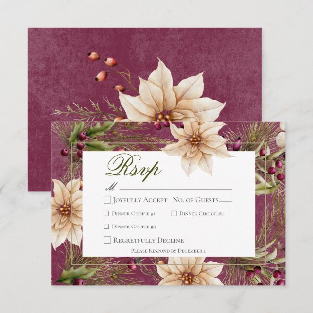 Boho Winter Greenery Boughs Burgundy Dinner RSVP Card (Front/Back)