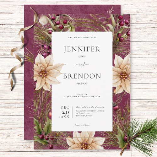 Boho Winter Greenery Boughs Burgundy Invitation