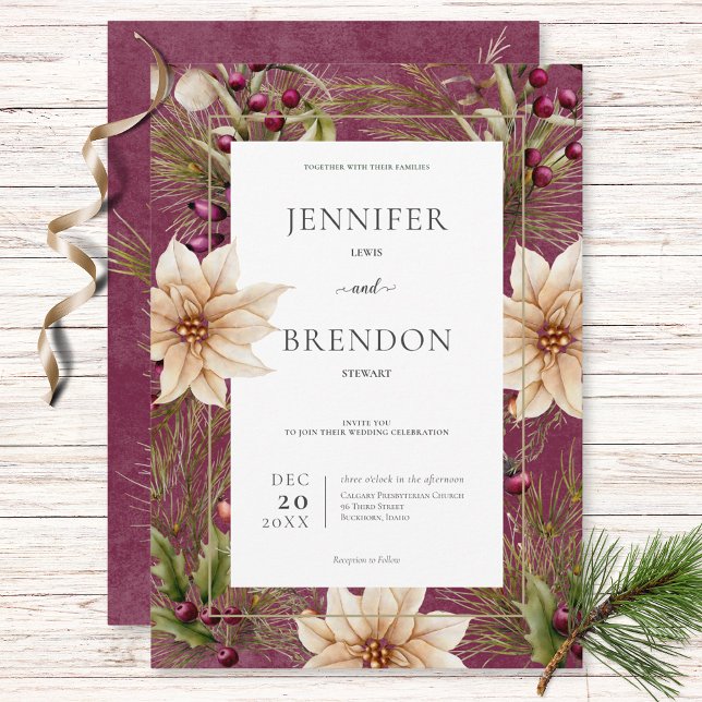 Boho Winter Greenery Boughs Burgundy Invitation (Creator Uploaded)