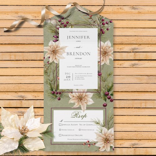 Boho Winter Greenery Boughs Sage Green Dinner All In One Invitation