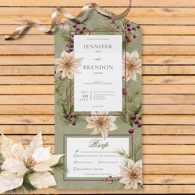 Boho Winter Greenery Boughs Sage Green Dinner All In One Invitation (Also available with a QR code or without dinner selection options.)