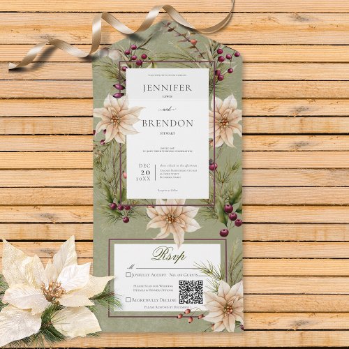 Boho Winter Greenery Boughs Sage Green QR Code All In One Invitation