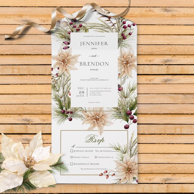 Boho Winter Greenery Boughs White Dinner All In One Invitation (Also available with a QR code, or without dinner selection options.)