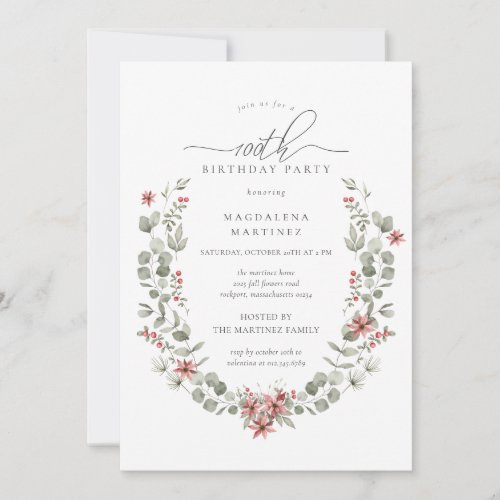 Boho Winter Greenery Red Floral 100th Birthday Invitation