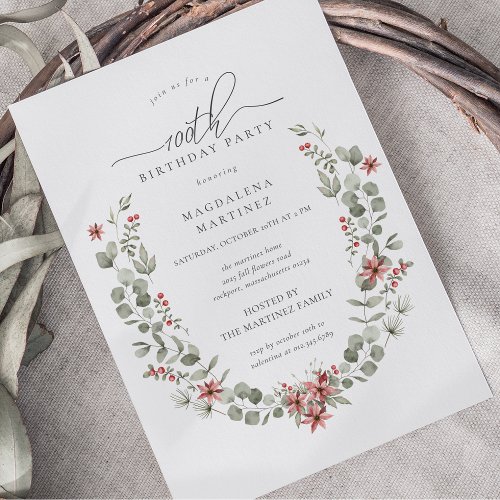 Boho Winter Greenery Red Floral 100th Birthday Invitation